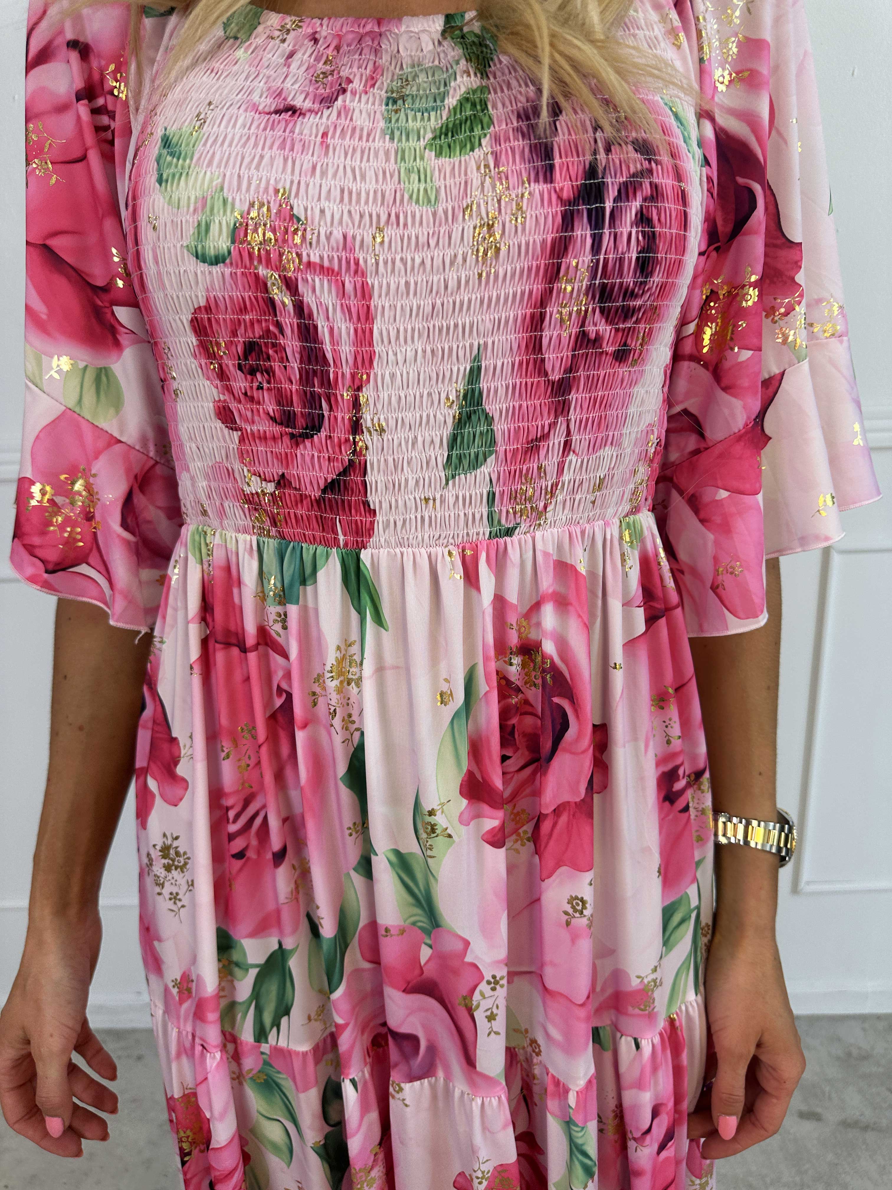 Elna Flower - Blomstret elastisk kjole med smock over brystet